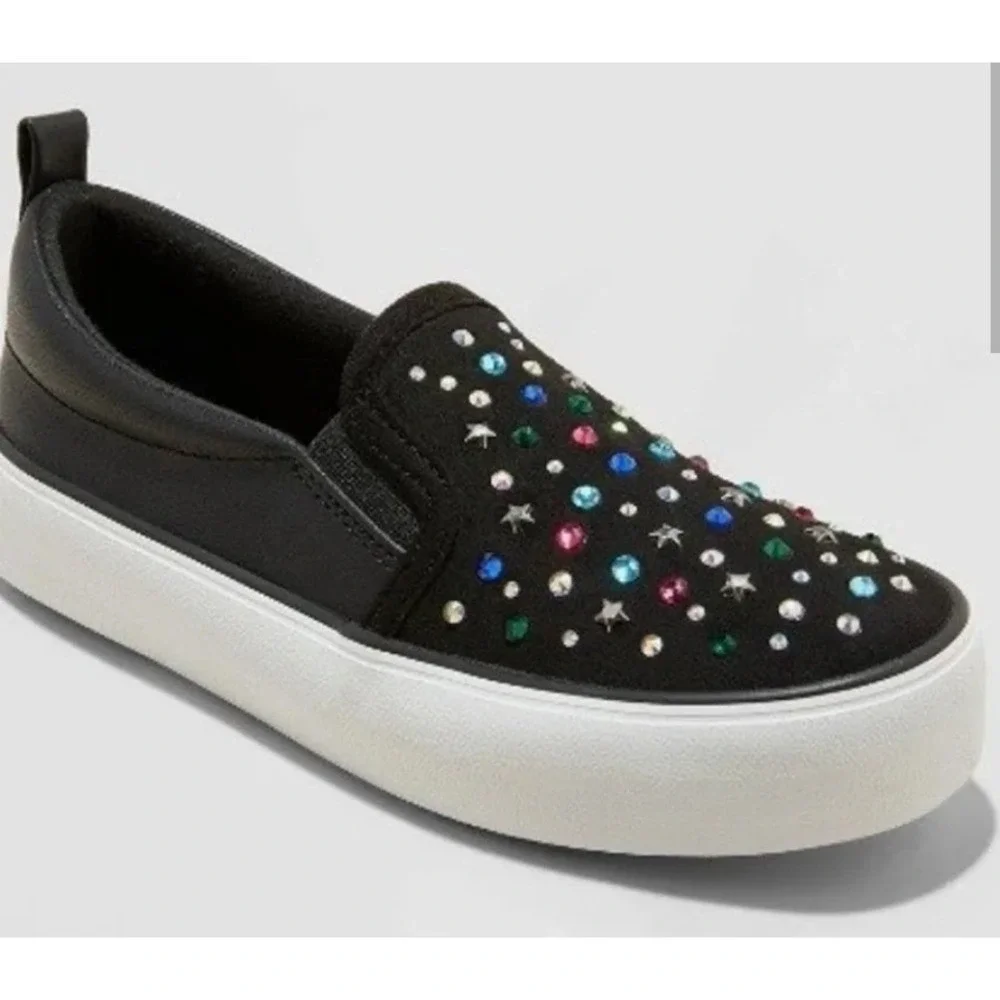 New Art Class Hanna Kids Black Rhinestone Star Slip On Sneakers Size 5 Youth